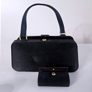 Vintage Bienen-Davis Black Corde Handbag & Matching Mirrored Lipstick Case 1950s